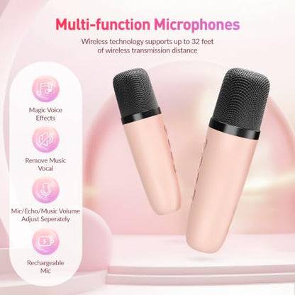 Karaoke Machine for Kids Adults, Mini Portable Bluetooth Karaoke Speaker with 2 Wireless Microphone and Lights, Christmas Birthday Gifts for Girls Ages 4, 5, 6, 7, 8, 9, 10, 12+ Family Home Party - color: P-ink