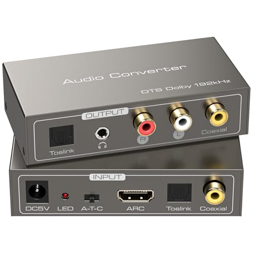 HDMI ARC to RCA Audio Converter 3 in 1 Digital to Analog Audio Converter with Optical Coaxial ARC Input Toslink Coaxial RCA AUX Output Support Dolby DTS LPCM for TV Soundbar Home Theater