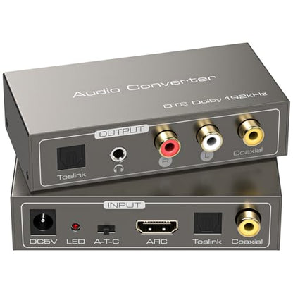 HDMI ARC to RCA Audio Converter 3 in 1 Digital to Analog Audio Converter with Optical Coaxial ARC Input Toslink Coaxial RCA AUX Output Support Dolby DTS LPCM for TV Soundbar Home Theater