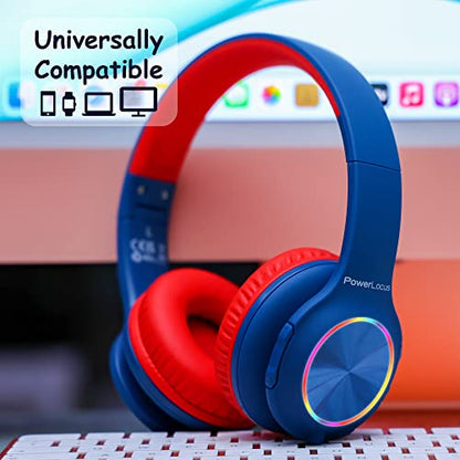 PowerLocus PLED Kids Bluetooth Headphones, Kids Wireless Headphones with LED Lights, 74/85/94dB Safe Volume, Micro SD, AUX Cable, Hi-Fi Stereo, Built-in Mic Over Ear Kid Headphone for Travel/Tablet/PC - color: Blue/Red