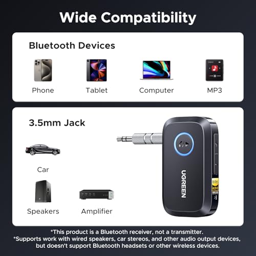 UGREEN Bluetooth 6.0 Receiver for Car with LDAC, AI Noise Cancelling 3.5mm AUX Bluetooth Car Adapter, Hi-Res Wireless Audio Receiver for Home Stereo/Wired Speaker with Hands-Free Call,15H Battery Life