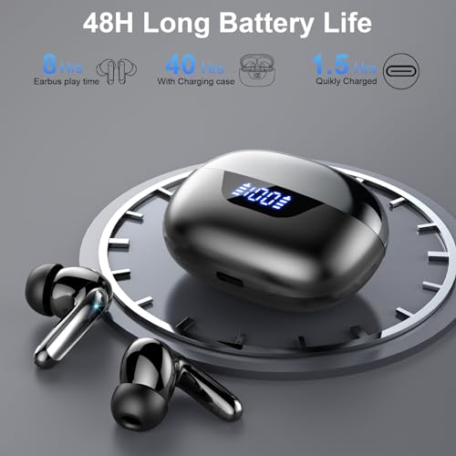 Wireless Earbuds, Bluetooth 5.3 Headphones Bass Stereo, 48Hours Playtime, 4 ENC Mic Clear Calls, Noise Cancelling Ear Buds with LED Display Charging Case,IPX7 Waterproof Earphone for Android iOS Black - color: Black