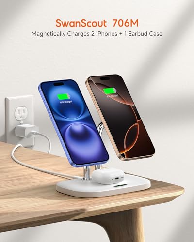 Dual Wireless Charger for iPhone 17, SwanScout 706M, White | Dual Magnetic Charger for iPhone Air/16/15/14/13/12 Series, Charging Station for AirPods Pro 3/2, AirPods 4/3 - color: White