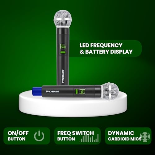Pro Bass UF‑224 Dual UHF Wireless Microphone System – 24-Channel, Auto Sync, Clutter Suppression, XLR 1/4” Outputs – 8h Battery – Hard Carry Case – Ideal for Church, Events, Karaoke, Weddings