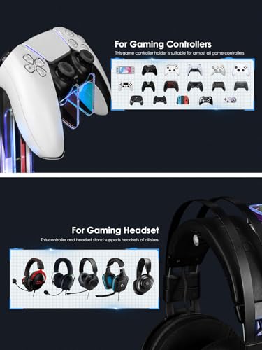 OAPRIRE Headset and Controller Stand with Lights, 2 Tier Acrylic Game Controller Holder, Controller and Headset Stand for Desktop,Universal Design Compatible with PS5/PS4/XBOX/SWITCH (Black) - color: Black, size: 2 Tier-Lights