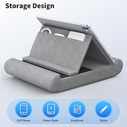 CreaDream Tablet Pillow Stand, Foldable Tablet Holder for Lap, Bed | Soft Pillow Pad with Pocket and Stylus Mount, for 4-13" Tablets, Like iPad Pro 11, 13, Air, Mini, Kindle, Galaxy Tab, Grey - color: Grey