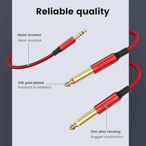 MOSWAG 3.5mm 1/8" TRS to 2 x 6.35mm 1/4" TS Mono Y Cable 3.28FT/1Meter Splitter Cable Compatible with Phone,iPod,Laptop,CD Players,Power Amplifier,Mixer,Home Stereo Systems - color: Red, size: 3.28FT/1Meter