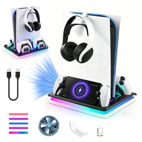 GAMINJA Ps5 Cooling Station with Ps Portal Charger for Ps5/Slim/Pro(White) | Rgb Dual Controller Charging Dock 3In1 Cooling Stand for Playstation 5 Console,Headset Holder,Charging Ports Ps5 Accessories - color: White