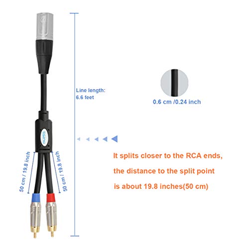 Tisino 2 RCA to XLR Male Y Splitter Cable, Unbalanced Dual RCA Male to 1 XLR Splitter Duplicator Lead Y-Cable Adapter - 6.6 feet | Unbalanced Dual RCA Male to 1 XLR Male Splitter Cable for Mixer Amplifier Home Theater Systems, 20AWG OFC Gold-plated - size