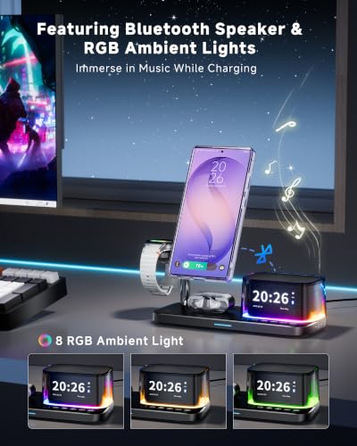 Qi2.2 25W 6-in-1 Magnetic Charging Station for Samsung, Alarm Clock | Night Light,Bluetooth Speaker,Fast Wireless Charger Stand for Z Fold 8 Ultra/Fold8 Wide/S26 Ultra (Not for Watch 9/Ultra2)