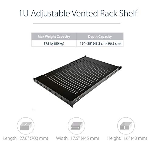 StarTech 1U Adjustable Vented Rack Shelf, 19in, 175lb, TAA (ADJSHELF) | 19.5-38in adjustable mounting depth, 27.5in deep universal tray, SPCC steel, Maximizes airflow - size: 19.5-38in