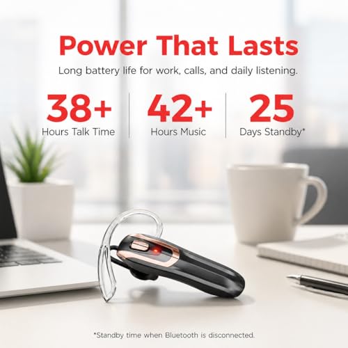 Bluetooth Earpiece Headset V6.0 with Noise Cancelling & 38 Hours Talk Time – Trucker Handsfree Earpiece, Dual Device Pairing, Single Ear Wireless Headphone for Cell Phone (Black with gold frame)