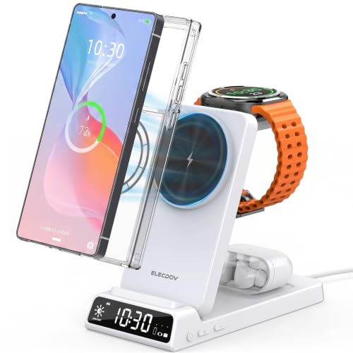 Magnetic Wireless Charger for Samsung, Charging Station for Galaxy S26 | 3-in-1 Foldable Travel Charger for Samsung Phones & Watches, Ideal Nightstand & Desk Overnight Charger (Not For Apple Watch) - color: White
