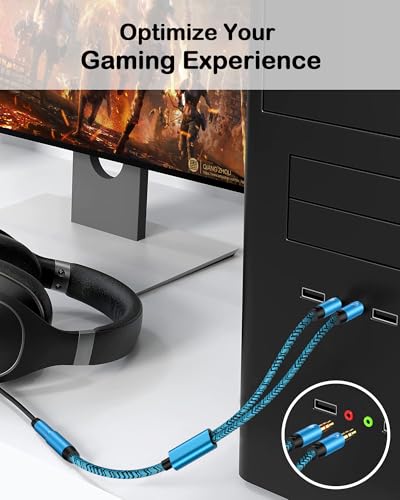 Headset Splitter for Computer, Braided Audio Mic Splitter Cable for Mic | Headset to PC Adapter 3.5mm Female to 2 Male Y Splitter Cable Adaptor for Gaming & Office, PS5, Xbox, Switch, Laptop, Tablets