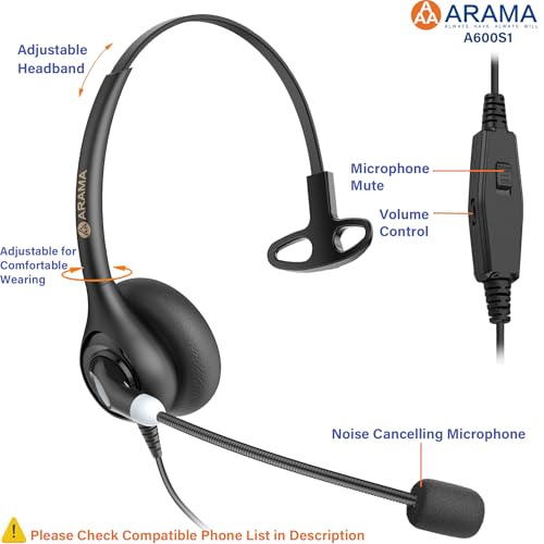 Arama Phone Headset for Office Phones for Polycom & Other IP Phones(A600S1) | Noise-canceling Mic, Metal Headband, Lightweight Design, Plug-and-play, Hands-Free, Call Center, Telemarketing, Office