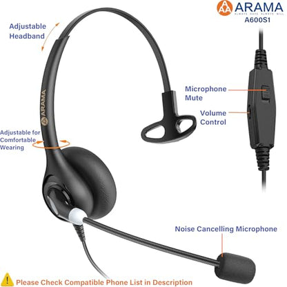 Arama Phone Headset for Office Phones for Polycom & Other IP Phones(A600S1) | Noise-canceling Mic, Metal Headband, Lightweight Design, Plug-and-play, Hands-Free, Call Center, Telemarketing, Office