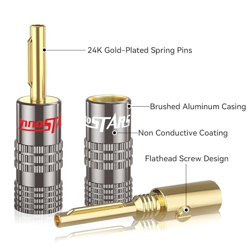 Banana Plugs for Speaker Wire, (12 Pairs, 24 Pcs), 24K Gold Plated Connectors, Spring Pin Plug Closed Screw Design, Banana Pins (Support 12 AWG to 20 AWG Wires), Come with 1Pcs Screwdriver - size: 12 Pairs / 24 Pcs, style: Spring Pin Banana Plugs
