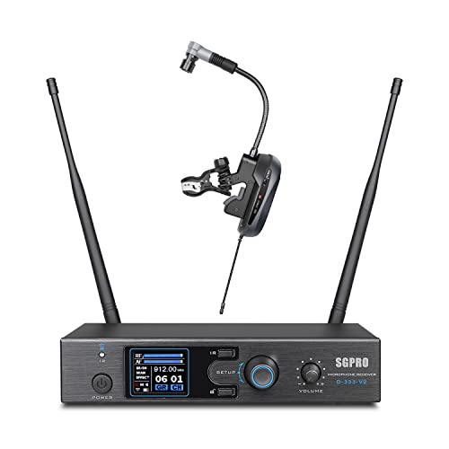 SGPRO Saxophone Wireless Microphone Professional Gooseneck Clip-on Mic with Preset EQ & ECHOs, 262 Ft Transmission and Rechargeable Transmitter, for Soprano, Tenor, Alto, and Baritone Saxophone | Clip-on mic, EQ and echo, 262 ft range, Rechargeable, 4.5 h