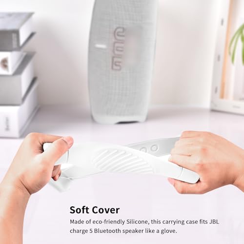 Silicone Case Cover for JBL Charge 5 Portable Bluetooth Speaker | Travel Gel Soft Skin,Waterproof Rubber Carrying Pouch with Strap (White) - color: White