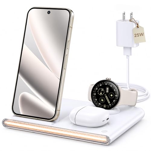 3 in 1 Wireless Charging Station with Night Light for Google Pixel Watch 4 | Google Wireless Charger for Pixel 10, Travel Nightstand Dock, Pixel Watch Phone Charger Stand(Only for Google Watch 4) - color: White