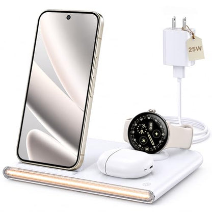 3 in 1 Wireless Charging Station with Night Light for Google Pixel Watch 4 | Google Wireless Charger for Pixel 10, Travel Nightstand Dock, Pixel Watch Phone Charger Stand(Only for Google Watch 4) - color: White