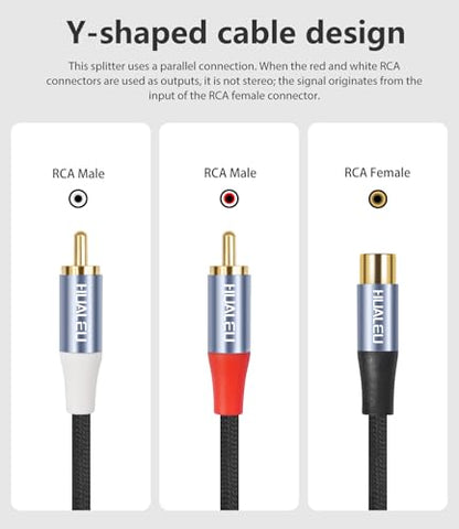 1FT RCA Splitter 1 Female to 2 Male, 2 Pack - RCA Audio Video Cable Splitter Adapter,Aluminum Alloy housing/Braided Cable/Integrated Injection Molded Splitter - color: RCA 1F to 2M