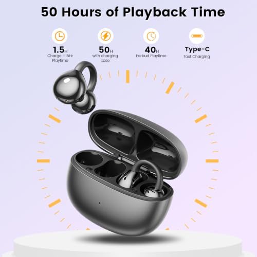 Open Ear Clip Headphones, Wireless Earbuds Bluetooth 5.4 The Over Ear Buds Earphones Built-in Mic with Ear Hooks, 36H Playtime,for iOS and Android (Black) - color: black