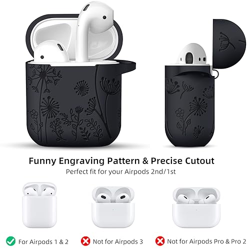 Lerobo for AirPod Case 2nd/1st Generation with Keychain | Flower Engraved Soft Silicone Cover for AirPods 2 Case, Wireless Charging, Scratchproof, One-piece Design, Black - color: Black