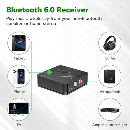 2026 Bluetooth 6.0 Receiver for Home Stereo with 3.5mm/RCA, Bluetooth Adapter for Stereo Receiver, Amplifier, Speaker, HiFi - color: Black