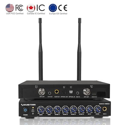 Sound Town 200 Channels Wireless Microphone Karaoke Mixer System, with 4 Metal Handheld Microphones, Optical (Toslink), AUX, for Smart TV, Home Theater, Sound Bar (SWM16-4MEGA) - color: Black & Gray & Blue & Orange