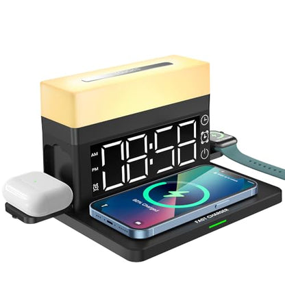 IHAO 6in1 Smart Alarm Clock with Wireless Charger RGB Mood Light 15W Fast Wireless Charging for All Qi Phone TWS Headphone Compliant with i-Watch 7 Color Night Light Large Digital Display-Black - color: Multifunctional Alarm Clock Black