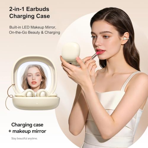 Wireless Clip-On Open Earbuds, Butterfly Earring Bluetooth Headphones with Heart-Shaped Charging Case & Makeup Mirror, 42H Playtime, Lightweight Earphones for Women, Sports, Gifts - color: Beige