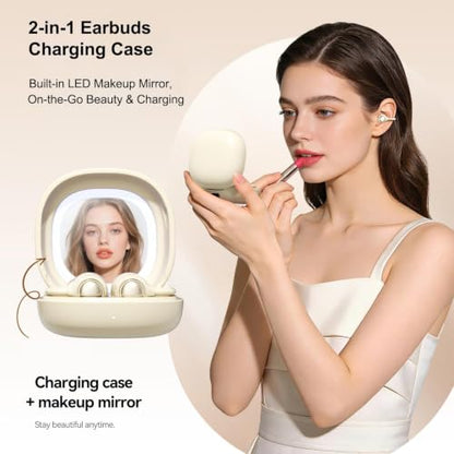 Wireless Clip-On Open Earbuds, Butterfly Earring Bluetooth Headphones with Heart-Shaped Charging Case & Makeup Mirror, 42H Playtime, Lightweight Earphones for Women, Sports, Gifts - color: Beige