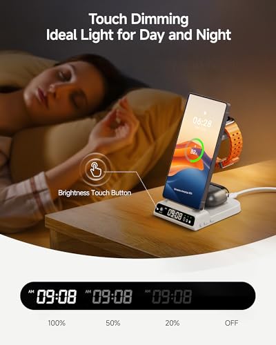 Wireless Charger for Samsung S26 Ultra, Galaxy Watch 9/Ultra 2/8/Buds4 Pro | for Samsung S26+/S25 Ultra/S25/Z Flip8/S24/S23/S22, Galaxy Watch 8/Ultra/7/6/5, Galaxy Buds4 Pro, Space-saving, LED Clock - color: White