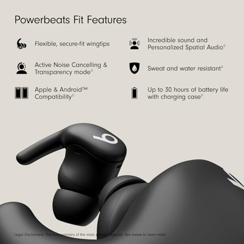 Beats Powerbeats Fit - Wireless Noise Cancelling Workout Earbuds with Secure-Fit Wingtips, Up to 30-Hour Battery Life, Sweat & Water Resistant, Apple & Android Compatible - Jet Black - color: Jet Black, style: Powerbeats Fit