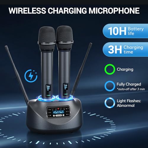 TONOR Bluetooth Wireless Microphones, Rechargeable UHF Cordless Microphone System for Home Party, Metal Dual Handheld 260ft for Home Karaoke, Church, Party,TW-790, Black