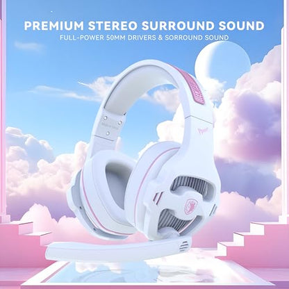 SA726 Stereo Gaming Headset for Xbox One PS4 PS5 Controller, Over Ear Headphone with Mic Noise Cancelling Headset for PC Xbox Series (White Pink) - color: SA726 Pink