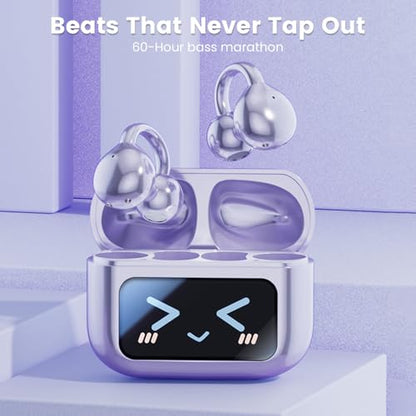 Piluyaa Clip-on Earbuds, Open Ear Earbuds with LCD Touchscreen Wireless Bluetooth 5.4, Lightweight M100 Open Ear Headphones with C-Shaped Bridge, Slim Hook,48H Battery, for Sports, Fitness (Purple) - color: Purple