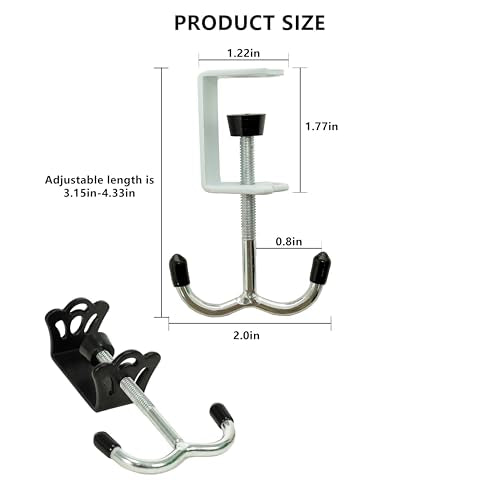 4 Pack Adjustable Under Desk Hooks, Universal Bag Hanger Fits Most Table Thickness, 100LB Capacity Heavy-Duty Dual Hook for Purse, Backpack, Office Home - color: Black & White
