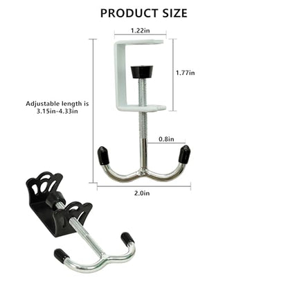 4 Pack Adjustable Under Desk Hooks, Universal Bag Hanger Fits Most Table Thickness, 100LB Capacity Heavy-Duty Dual Hook for Purse, Backpack, Office Home - color: Black & White