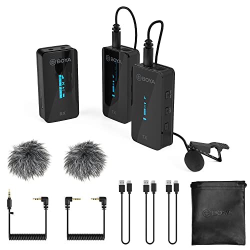 BOYA BY-XM6-S2 2.4GHz Wireless Microphone System Compatible with DSLR, mirrorless Cameras, Smartphones, Computers, for vlog, YouTube Video, Live Streaming, interviews, Recording - size: 3.5mm Jack(RX+TX+TX)