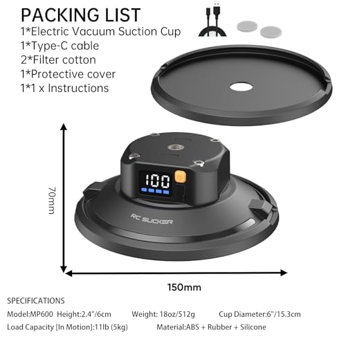 6" Electric Vacuum Suction Cup Camera Mount, ABS Car Mount for Camera/Action Camera/Phone, Heavy-Duty Vacuum Force for Car/Boat/Windshield/Window Mounts,Universal 1/4" Thread - size: 6"