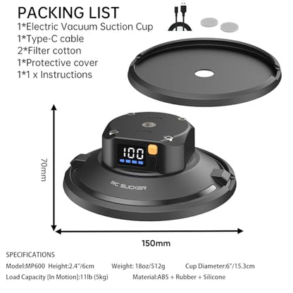 6" Electric Vacuum Suction Cup Camera Mount, ABS Car Mount for Camera/Action Camera/Phone, Heavy-Duty Vacuum Force for Car/Boat/Windshield/Window Mounts,Universal 1/4" Thread - size: 6"