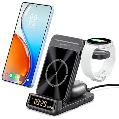 SwanScout 708S 3-in-1 Foldable Wireless Charger for Samsung Devices | Wireless Charging Station with Clock, for S26/S25/S24/S23/Z Flip 8, for Galaxy Watch 8/7/FE/6/5/4, No Adapter - color: Black