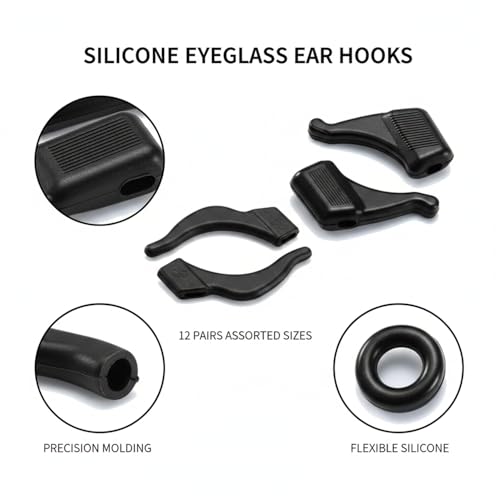12 Pairs Silicone Eyeglass Ear Hooks, Anti-Slip Retainers for Glasses & Sunglasses, Assorted Sizes for Secure Fit During Sports and Daily Wear