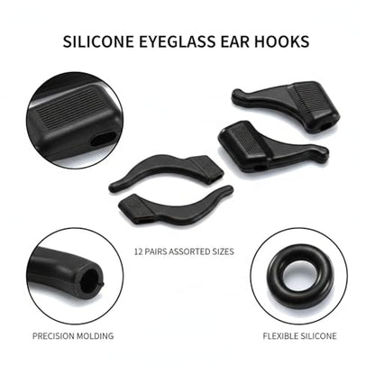 12 Pairs Silicone Eyeglass Ear Hooks, Anti-Slip Retainers for Glasses & Sunglasses, Assorted Sizes for Secure Fit During Sports and Daily Wear