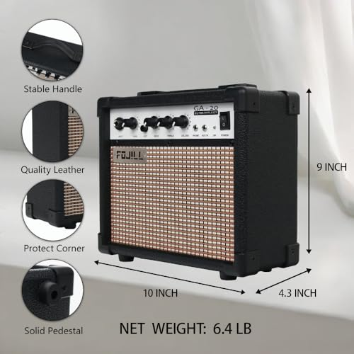Fojill 20W Watt Electric Guitar Amplifier Amp Practice Small Portable Travel Mini Amp with 3.5 Headphone Jack Aux Distortion Gain Treble Bass Volume (Black, 20W) - color: Black