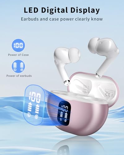 Wireless Earbuds, Bluetooth 5.4 Ear Buds Bass Stereo, Headphones with Noise Cancelling Mic, LED Display in Ear Earphones Clear Calls, IP7 Waterproof Bluetooth Earbuds for Phone/Android/iPad, Pink - color: Pink