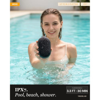 TREBLAB HD-Go - Ultra Portable Hand Held Speaker with Clip, 16H Playtime | 7W Power with Bass, IPX7 Waterproof, Built-in Mic, Compact & Lightweight, USB-C Charging – Small Speaker Bluetooth Wireless