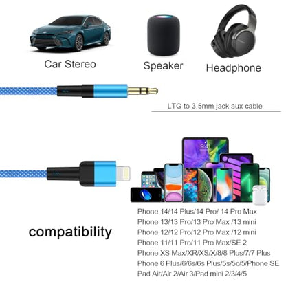 Aux Cord for iPhone,6FT Lightning to 3.5mm AUX Cable for Car Stereo,Speaker Headphone Jack Adapter Male Aux Stereo,Audio Auxiliary Cable Compatible for iPhone 14 Pro Max 14 Plus/14/13/12/11/XR/X/8/7